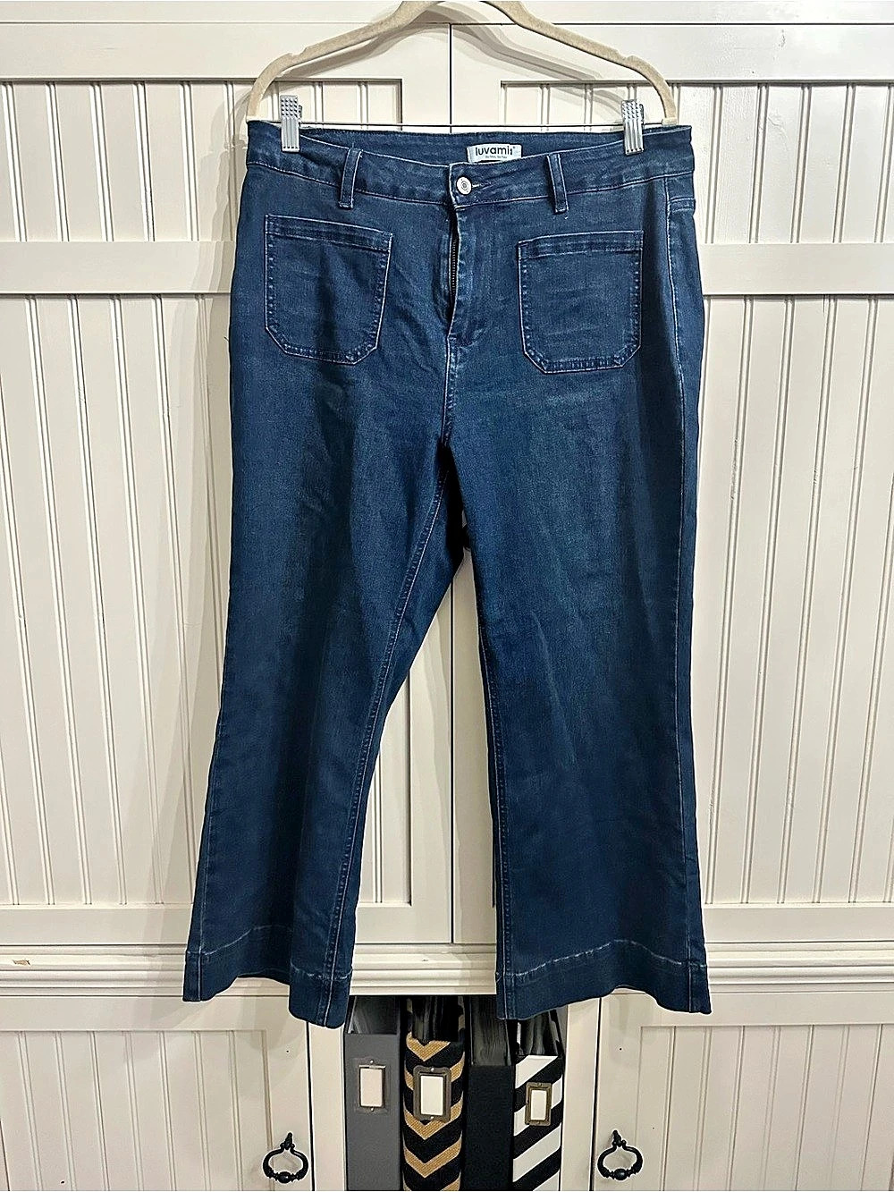 luvamia FleXclusive Wide Leg Cropped Jeans with Patch Pockets Blue XL
